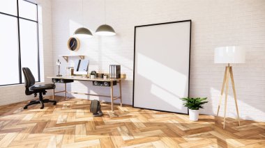 Boş - Oturma odası beyaz tuğla duvar çatı katı tarzı iç tasarım. 3B Hazırlama