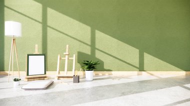 Boş yeşil duvar ve beton 3D döşeme