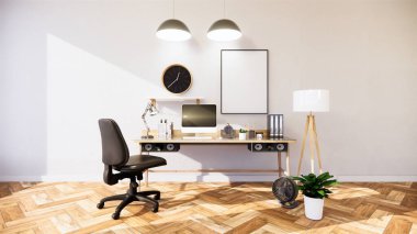 Boş - Oturma odası beyaz tuğla duvar çatı katı tarzı iç tasarım. 3B Hazırlama