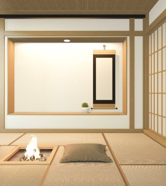 Nihon oda tasarımı, kapı kağıdı ve dolap raf duvarı, Tatami paspas odası japon tarzı. 3B görüntüleme