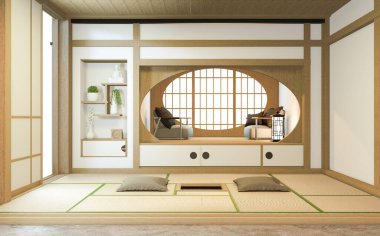Nihon room design interior with door paper and cabinet shelf wall on tatami mat floor room japanese style. 3D rendering clipart