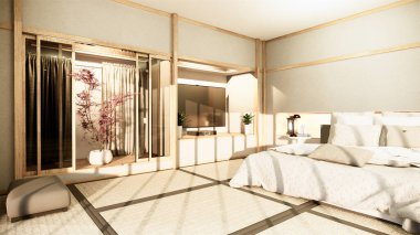 Modern zen huzurlu yatak odası. Japonya tarzı yatak odası raf duvarı tasarımlı gizli ışık ve dekorasyon nihon style 3D