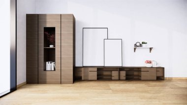 Boş tropikal odadaki televizyon dolabı Japon Zen tarzı, minimal tasarımlar. 3B görüntüleme