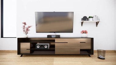 Japon naneli şeker odasındaki televizyon dolabı. Zen tarzı, minimal tasarımlar. 3B görüntüleme