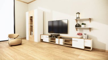 Japon naneli şeker odasındaki televizyon dolabı. Zen tarzı, minimal tasarımlar. 3B görüntüleme