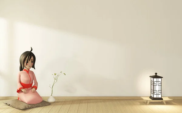 Cartoon girl in kimono on room interior japanese style. 3D rendering