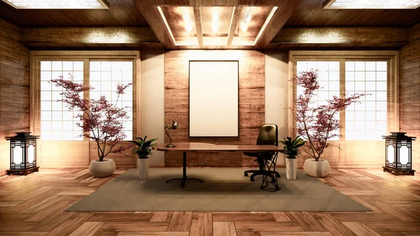 白い壁の背景に木製の床と木製の中国会議室のインテリア 空の部屋のビジネスルームのインテリア 3Dレンダリング — ストック写真