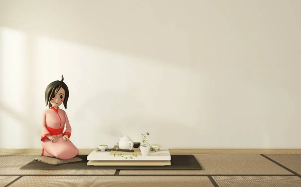 Cartoon Girl Kimono Room Interior Japanese Style Rendering — Stock Photo, Image