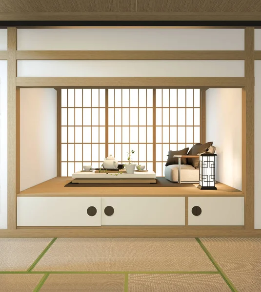 日本风格的尼宏室内设计 内饰有门纸和橱柜书架墙 铺在塔瓦垫子地板上 3D渲染 — 图库照片