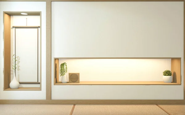 畳の床にドア紙とキャビネットの棚壁と日本の部屋のデザインのインテリア和室のスタイル 3Dレンダリング — ストック写真