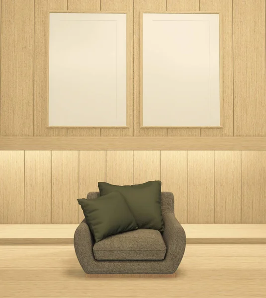 Interieur Attrappe Mit Sessel Japanischen Holzzimmer Mit Leerer Wand Rendering — Stockfoto