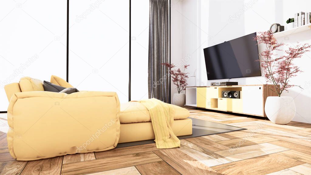 Interior scene mock up with yellow sofa and decoration on room minimalism. 3D rendering