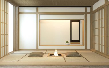 Nihon oda tasarımı, kapı kağıdı ve dolap raf duvarı, Tatami paspas odası japon tarzı. 3B görüntüleme