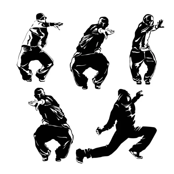 Gedetailleerde Vectorillustratie Silhouetten Van Expressieve Dansmensen Die Dansen Hiphop Een — Stockvector