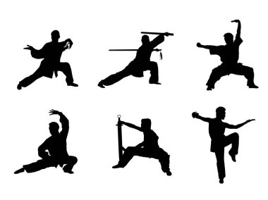 Wushu, kung fu, tekvando, Aikido. Beyaz arka planda izole edilmiş insan silueti. Spor pozisyonları. Elementleri ve simgeleri tasarla. Dövüş duruşu. Vektör illüstrasyonu.
