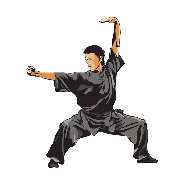 Man Shows Standing Position Wushu Wushu Art Kung Vector Illustration — Stock Vector