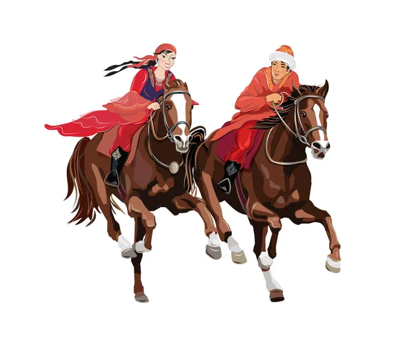 Man Och Kvinna Rider Häst Isolerad Vit Bakgrund Nyårsdagen Nauryz — Stock vektor