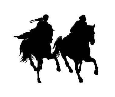 At sırtında bir adam ve kadın. Siyah ve beyaz vektör silueti.