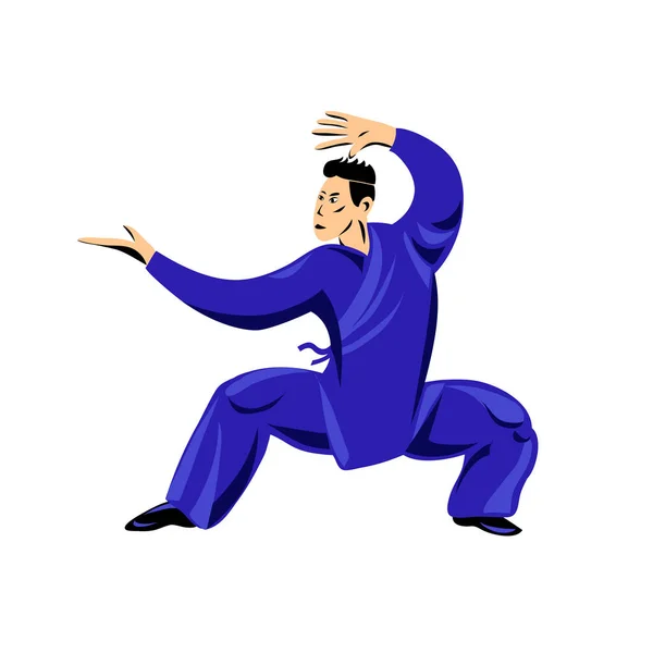 Man Shows Performing Kung Wushu Stand Isolated White Background Vector — Stock Vector