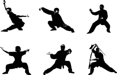 Beyaz arka planda izole edilmiş insanların silueti. Wushu, kung fu, tekvando, Aikido. Spor pozisyonları. Elementleri ve simgeleri tasarla. Vektör illüstrasyonu.