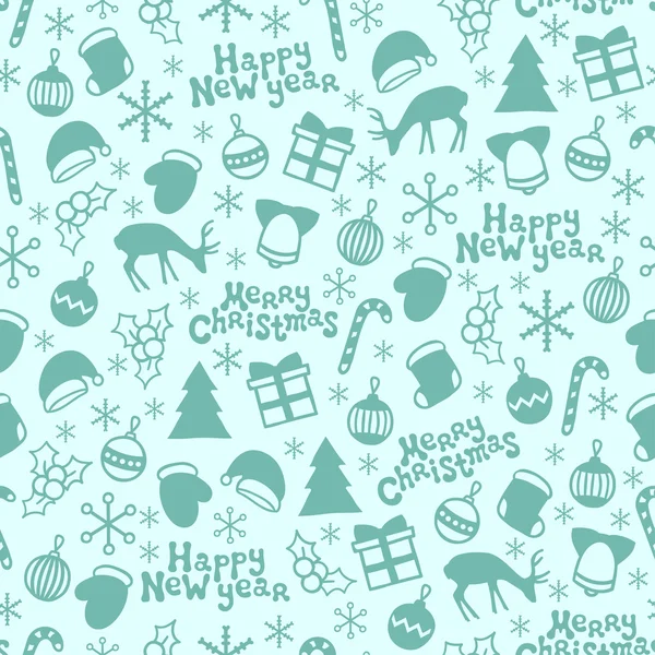 Feliz Navidad y Feliz Año Nuevo 2017. Patrón sin costura dibujado a mano temporada de Navidad. Ilustración vectorial. Al estilo Doodle. Decoraciones. Fondos de vacaciones de invierno para el diseño. Copos de nieve, Santa. Azul. — Vector de stock