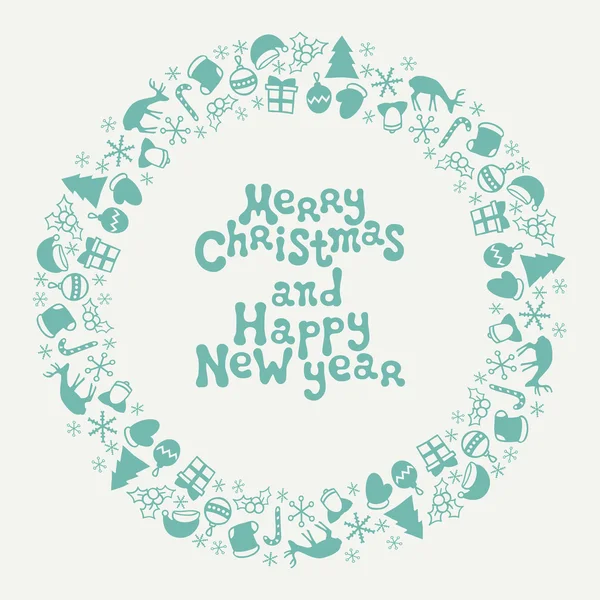 Merry Christmas and Happy New Year lettering greeting card 2017. Christmas season hand drawn pattern. Vector illustration. Doodle style. Decorations. Winter holiday backgrounds for design. Frame — Stock Vector