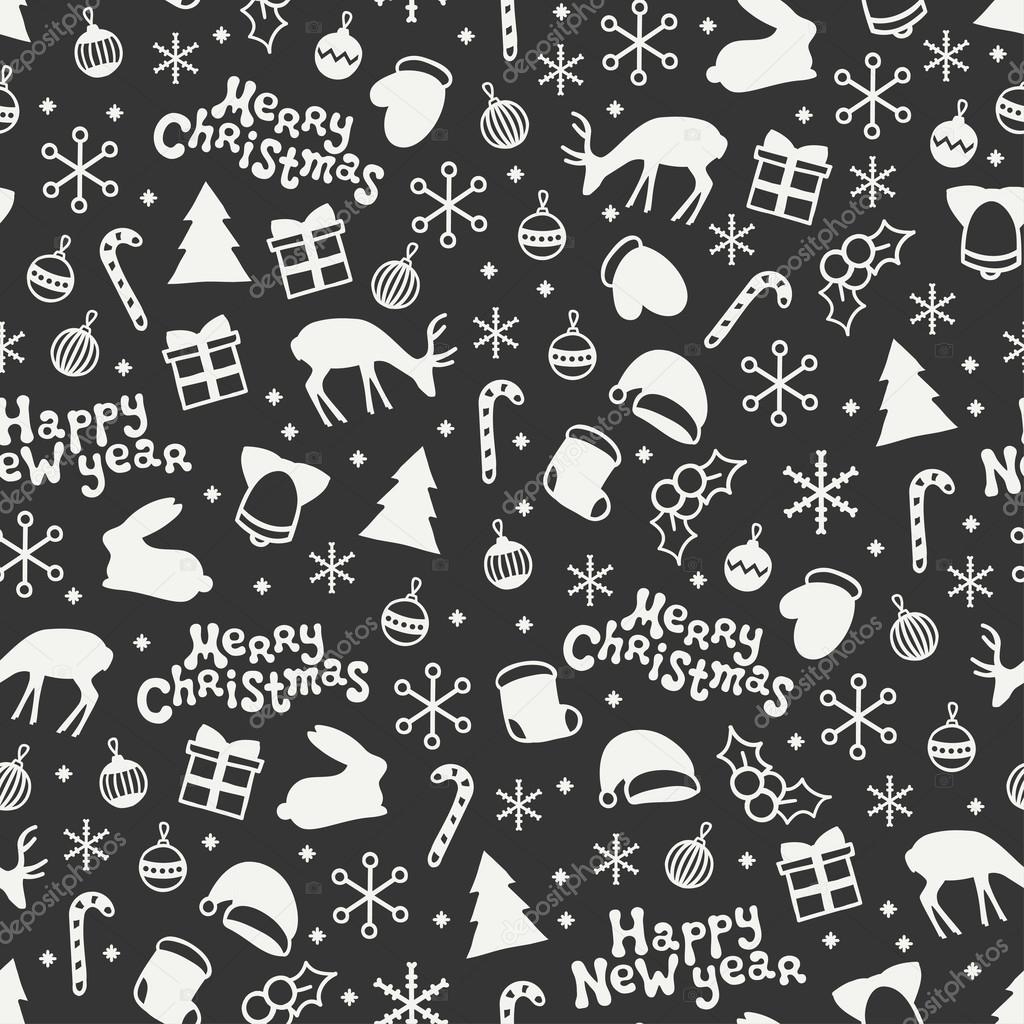 Merry Christmas and Happy New Year 2017. Christmas season hand drawn seamless pattern. Vector illustration. Doodle style. Decorations. Winter holiday backgrounds for design. Deer, snowflakes, Santa