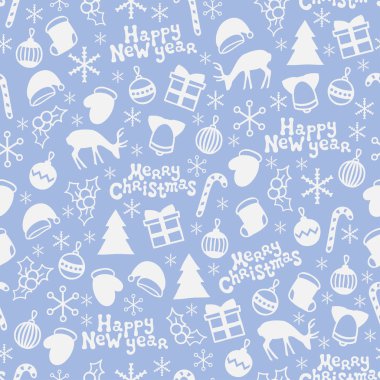 Mutlu Noeller ve mutlu yeni yıl 2017. Noel sezon el seamless modeli çekilmiş. Vektör çizim. Doodle tarzı. Süslemeleri. Kış tatil arka tasarımı için. Geyik, kar taneleri, Noel Baba