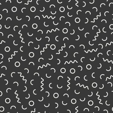 Retro memphis geometrik çizgi kesintisiz desenleri şekillendiriyor. Hippi moda 80-90'lı yılların. Soyut karmakarışık dokular. Siyah ve beyaz. Üçgen. Memphis tarzı baskı, Web sitesi, kumaş tasarımı, afişi, kartlar