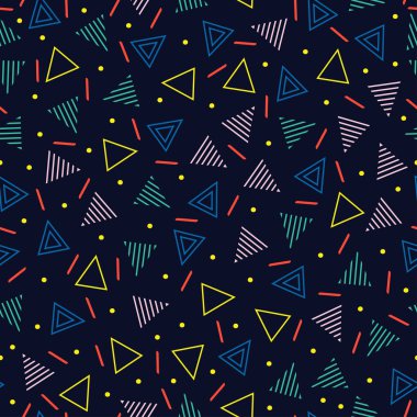 Retro memphis geometrik çizgi kesintisiz desenleri şekillendiriyor. Hippi moda 80-90'lı yılların. Soyut karmakarışık dokular. Siyah ve beyaz. Üçgen. Memphis tarzı baskı, Web sitesi, kumaş tasarımı, afişi, kartlar