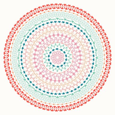 Mandala süsleme el çekilmiş. Geometrik desen. Çizgi kenarlık çerçeve tasarım öğesi. Karalamalar. Vektör çizim. Arka plan. Sevgililer günü vintage romantik desen yürekleri. Kına dövmesi. Daire Sanat