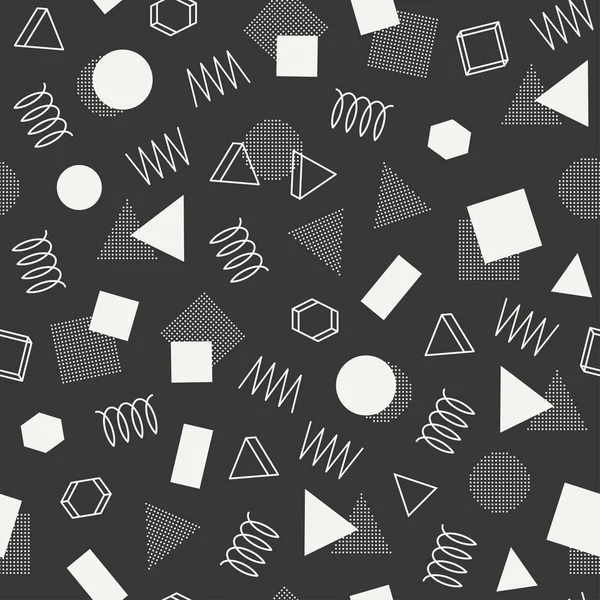 Línea geométrica retro memphis formas patrones sin costura. Moda Hipster 80-90. Texturas abstractas de revoltijo. Blanco y negro. Líneas Zigzag. Triángulo. Estilo Memphis para imprimir, sitio web, diseño, póster . — Vector de stock