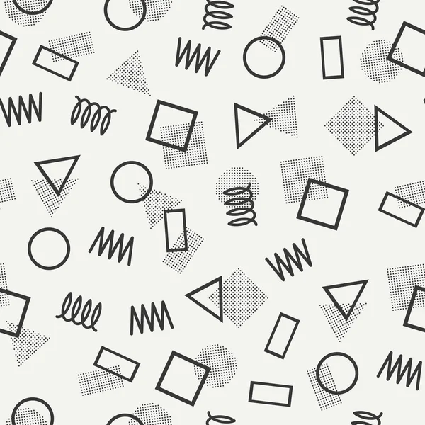 シームレス パターン、図形をレトロなメンフィスの幾何学的な線。流行に敏感なファッション 80 90 年代。抽象的な寄せ集めのテクスチャ。黒と白。ジグザグの線。三角形。印刷、ウェブサイト、デザイン、ポスターのメンフィス スタイル. — ストックベクタ