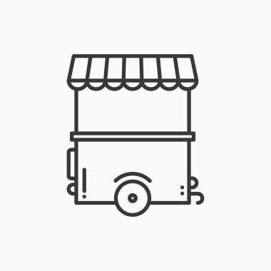 Sokak gıda perakende ince çizgi simgesi. Yiyecek arabası, kamyon, kiosk, tekerlek piyasa ahır, mobil kafe, dükkan, ticaret sepeti. Vektör Lineer stil ikonu. İzole illüstrasyon. Sembolleri. İtiraz ediyorum. Fast food satış.