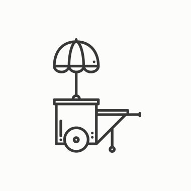 Sokak gıda perakende ince çizgi simgesi. Yiyecek arabası, kamyon, kiosk, tekerlek piyasa ahır, mobil kafe, dükkan, ticaret sepeti. Vektör Lineer stil ikonu. İzole illüstrasyon. Sembolleri. İtiraz ediyorum. Fast food satış.