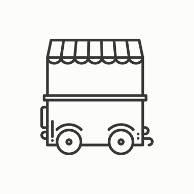 Sokak gıda perakende ince çizgi simgesi. Yiyecek arabası, kamyon, kiosk, tekerlek piyasa ahır, mobil kafe, dükkan, ticaret sepeti. Vektör Lineer stil ikonu. İzole illüstrasyon. Sembolleri. İtiraz ediyorum. Fast food satış.