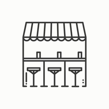 Bar tabureleri olan sayaç satırı simgesi ince. Sokak gıda perakende. Mobil kahve evi, bar, dükkan. Kafe, alkol içki. Vektör Lineer stil ikonu. Düz illüstrasyon izole. Sembolleri. İtiraz ediyorum. Satılık.