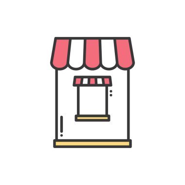 İnce çizgi Icons set. Benzin, Bilet gişesi. Gıda kiosk, arabası, mobil kafe, dükkan, ticaret sepeti. Vektör stili doğrusal simgeler. İzole illüstrasyon. Sembolleri. İtiraz ediyorum. Satılık