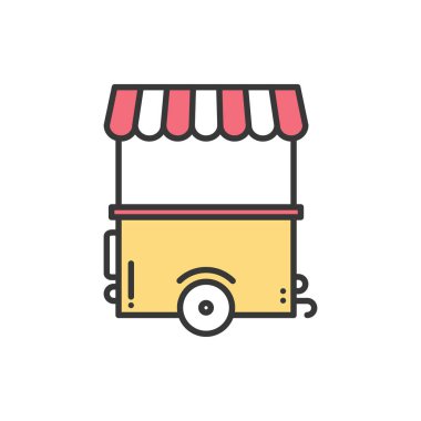 Sokak gıda perakende ince çizgi simgesi. Yiyecek arabası, kamyon, kiosk, tekerlek piyasa ahır, mobil kafe, dükkan, ticaret sepeti. Vektör Lineer stil ikonu. İzole illüstrasyon. Sembolleri. İtiraz ediyorum. Fast food satış.