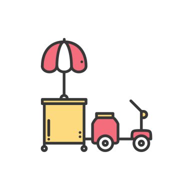 Sokak gıda perakende ince çizgi simgesi. Üç tekerlekli bisiklet ticaret sepeti. Fast food arabası motosiklet, motosiklet. Tekerlek Salonu, telefon kiosk, durak. Vektör stil doğrusal simgesi. Düz illüstrasyon izole. Sembolleri. Kırmızı