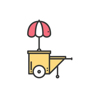 Sokak gıda perakende ince çizgi simgesi. Yiyecek arabası, kamyon, kiosk, tekerlek piyasa ahır, mobil kafe, dükkan, ticaret sepeti. Vektör Lineer stil ikonu. İzole illüstrasyon. Sembolleri. İtiraz ediyorum. Fast food satış.