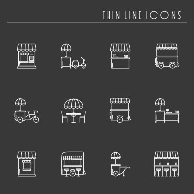 Sokak gıda perakende ince çizgi Icons set. Gıda kamyon, kiosk, arabası, tekerlek piyasa ahır, mobil kafe, dükkan, çadır, ticaret sepeti. Vektör stili doğrusal simgeler. İzole illüstrasyon. Sembolleri. Siyah ve beyaz