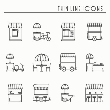 Sokak gıda perakende ince çizgi Icons set. Gıda kamyon, kiosk, arabası, tekerlek piyasa ahır, mobil kafe, dükkan, çadır, ticaret sepeti. Vektör stili doğrusal simgeler. İzole illüstrasyon. Sembolleri. Siyah ve beyaz