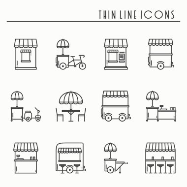 Street food retail thin line icons set. Food truck, kiosk, trolley, wheel market stall, mobile cafe, shop, tent, trade cart. Vector style linear icons. Isolated illustration. Symbols. Black and white clipart