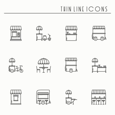 Sokak gıda perakende ince çizgi Icons set. Gıda kamyon, kiosk, arabası, tekerlek piyasa ahır, mobil kafe, dükkan, çadır, ticaret sepeti. Vektör stili doğrusal simgeler. İzole illüstrasyon. Sembolleri. Siyah ve beyaz