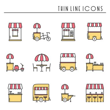Sokak gıda perakende ince çizgi Icons set. Gıda kamyon, kiosk, arabası, tekerlek piyasa ahır, mobil kafe, dükkan, çadır, ticaret sepeti. Vektör stili doğrusal simgeler. Düz illüstrasyon izole. Sembolleri. Sarı, kırmızı