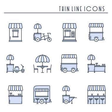 Sokak gıda perakende ince çizgi Icons set. Gıda kamyon, kiosk, arabası, tekerlek piyasa ahır, mobil kafe, dükkan, çadır, ticaret sepeti. Vektör stili doğrusal simgeler. Düz illüstrasyon izole. Sembolleri. Mavi