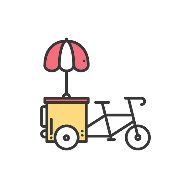 Comida callejera icono de línea delgada. Carro de comercio de triciclo. Bicicleta de comida rápida, bicicleta. Tienda de ruedas, cafetería, quiosco móvil, puesto. Icono lineal estilo vectorial. Ilustración plana aislada. Símbolos. Amarillo — Vector de stock