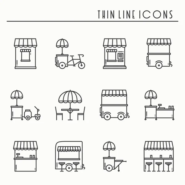 Conjunto de iconos de línea delgada minorista de comida callejera. Camión de comida, quiosco, carro, puesto de mercado de ruedas, café móvil, tienda, tienda, carrito de comercio. Iconos lineales estilo vectorial. Ilustración aislada. Símbolos. Blanco y negro — Archivo Imágenes Vectoriales