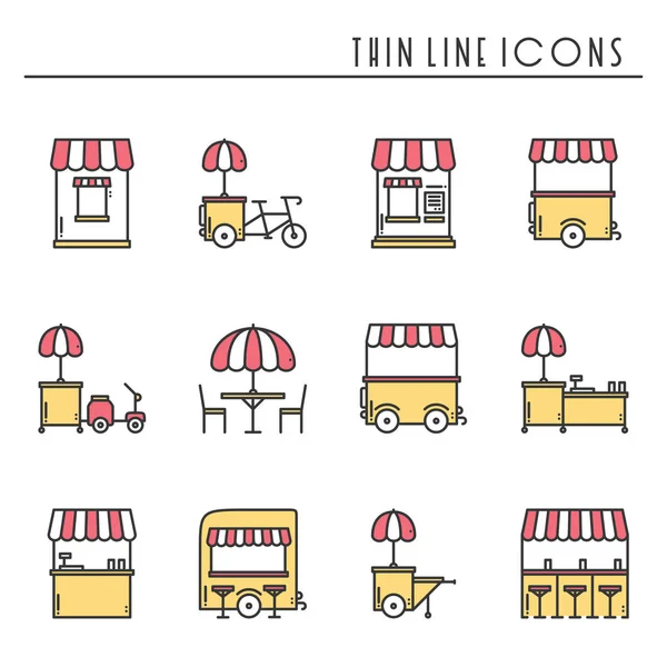 Icônes de ligne mince de détail d'aliments de rue ensemble. Camion alimentaire, kiosque, chariot, stand de roue, café mobile, magasin, tente, chariot de commerce. Icônes linéaires de style vectoriel. Illustration plate isolée. Des symboles. Jaune, rouge — Image vectorielle